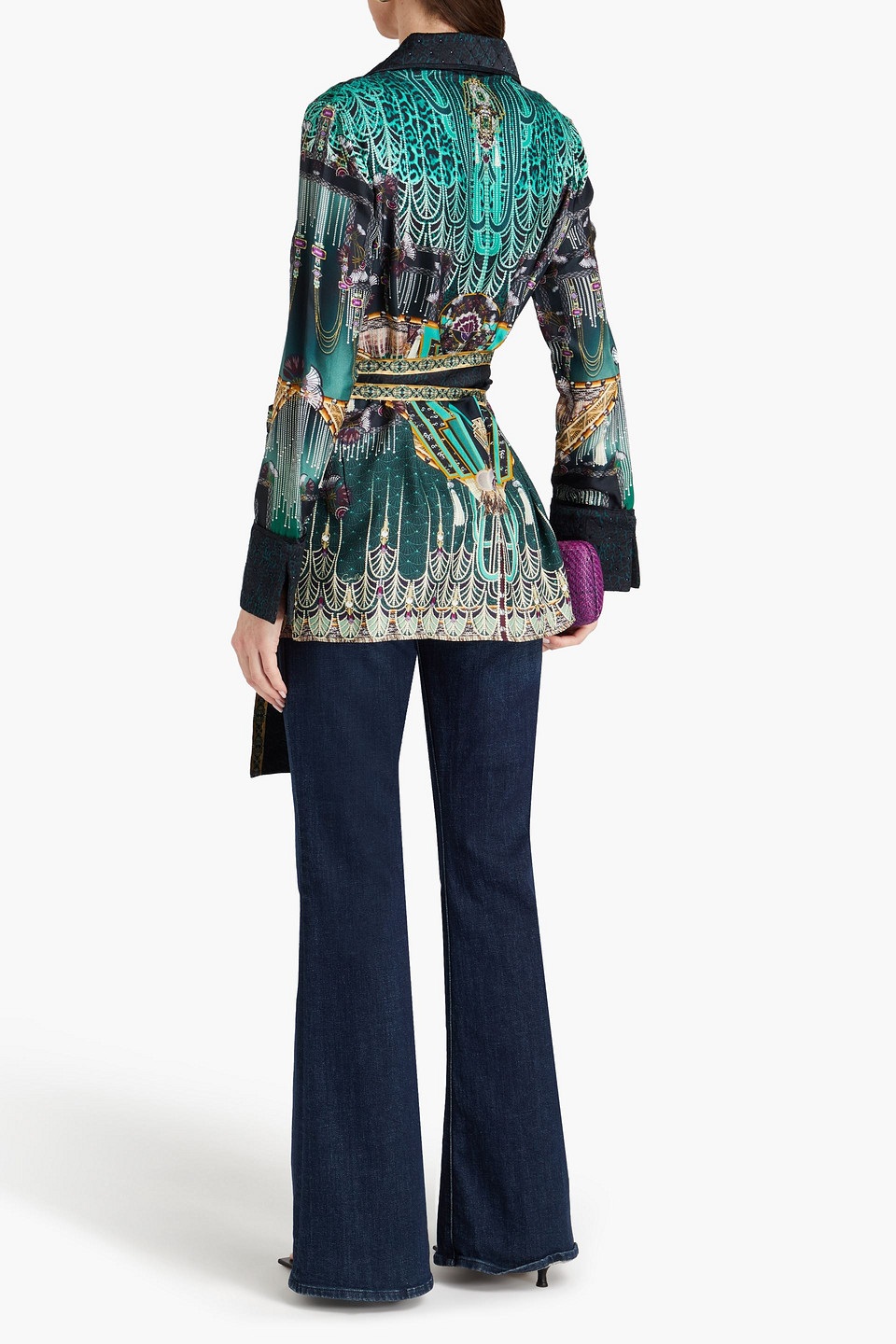 Shop Camilla Embellished Printed Silk-twill And Satin Jacket In Jade