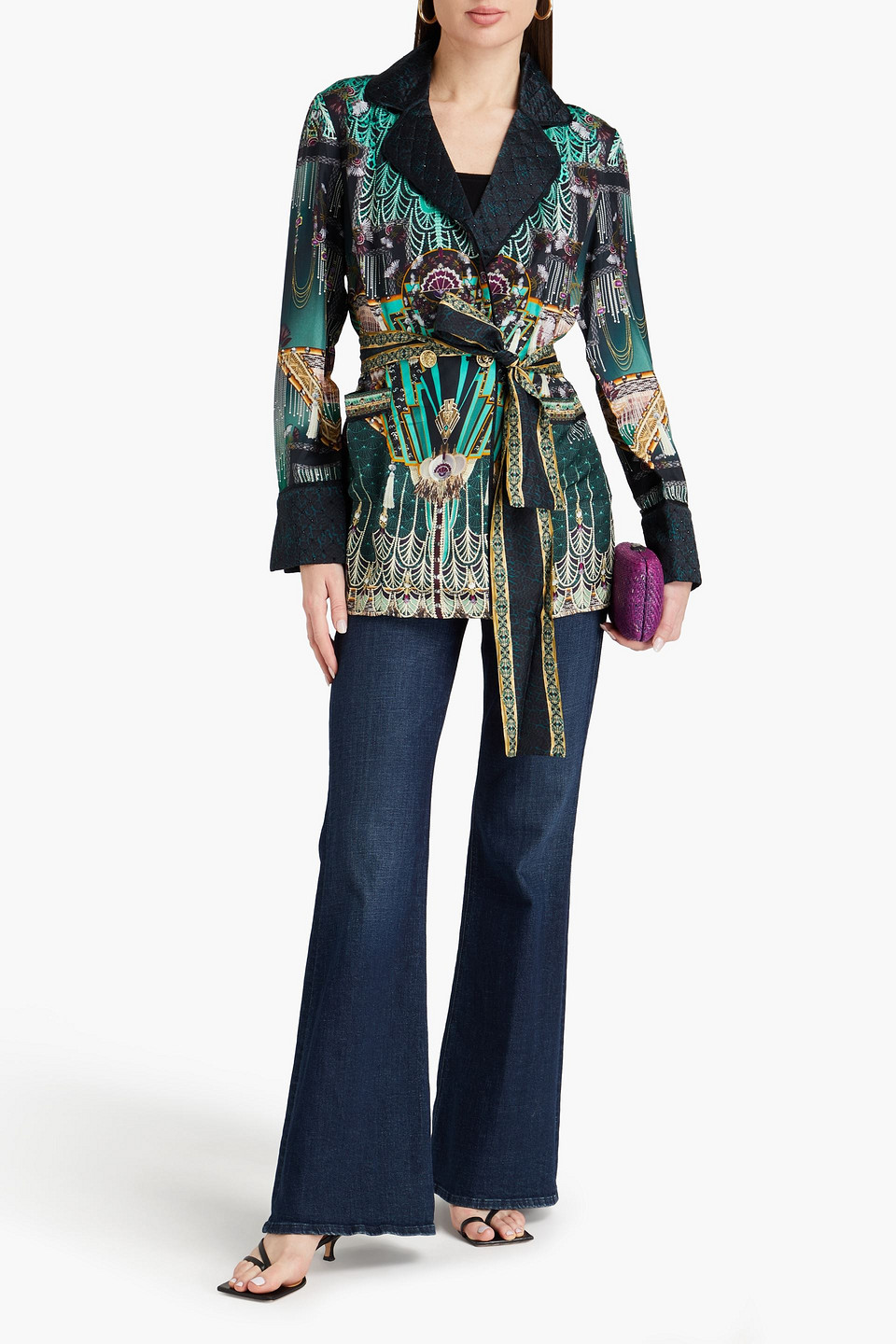 Shop Camilla Embellished Printed Silk-twill And Satin Jacket In Jade