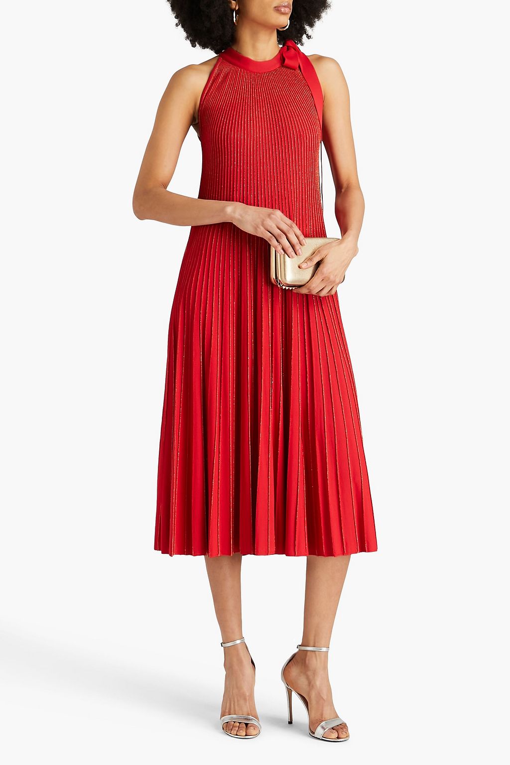 ELIE SAAB 메탈릭 리브 니트 미디 드레스