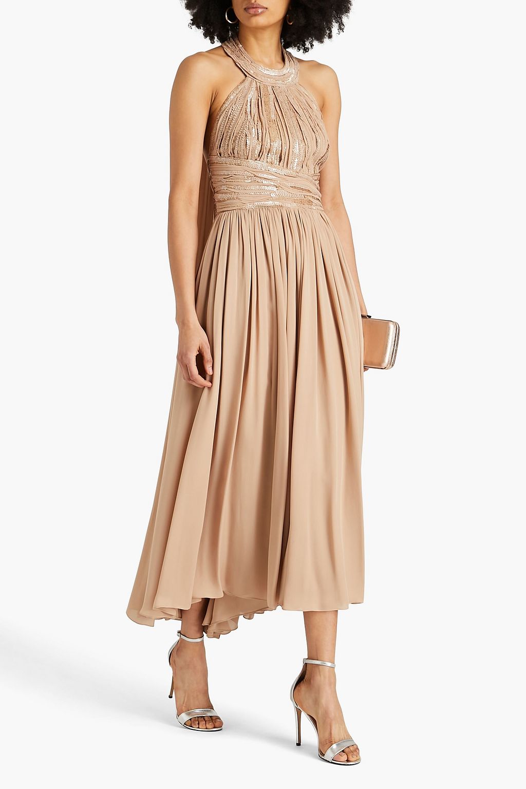 ELIE SAAB Sequin-embellished gathered silk-blend crepe de chine midi dress