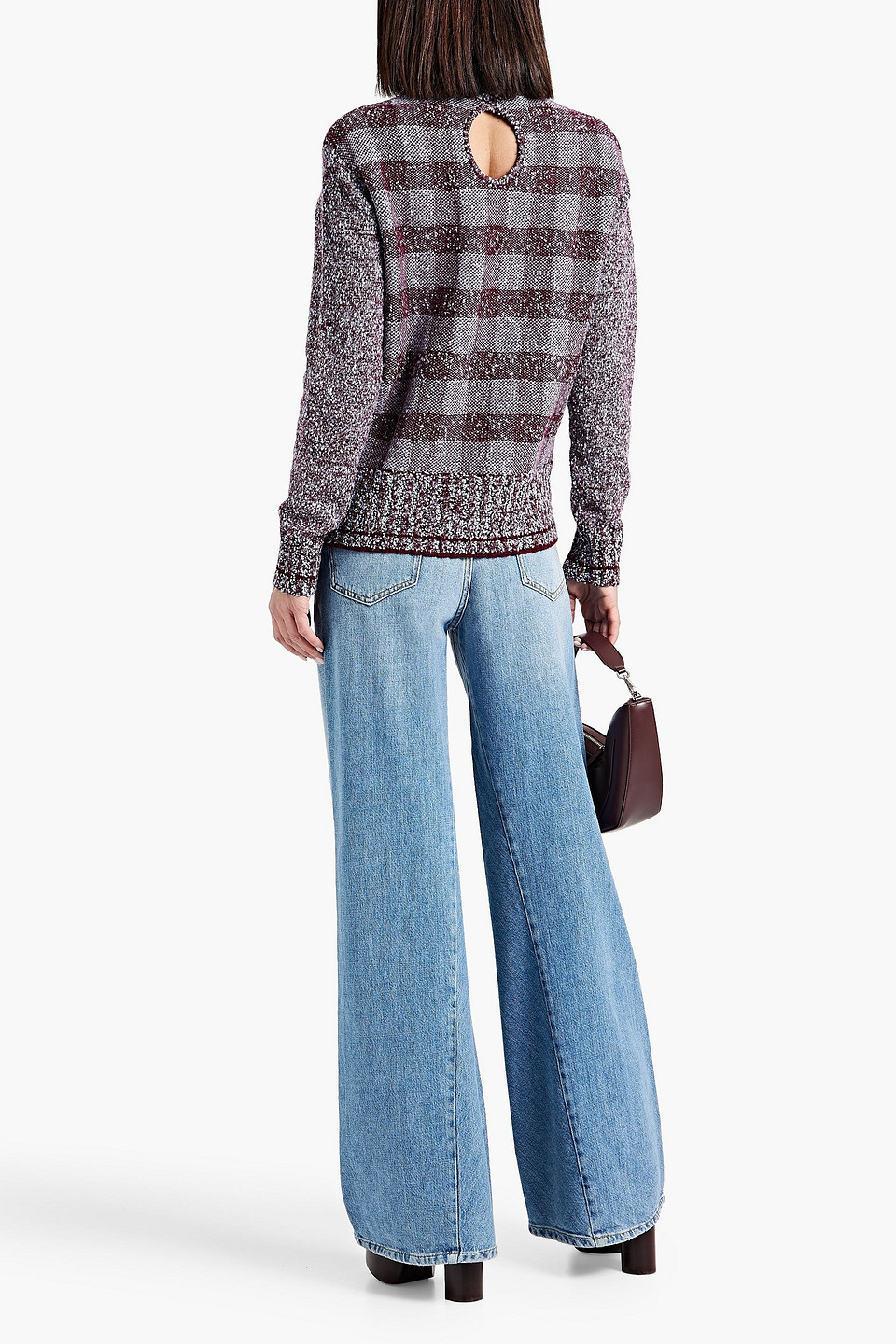 Shop Victoria Beckham Checked Bouclé-knit Wool-blend Turtleneck Sweater In Claret