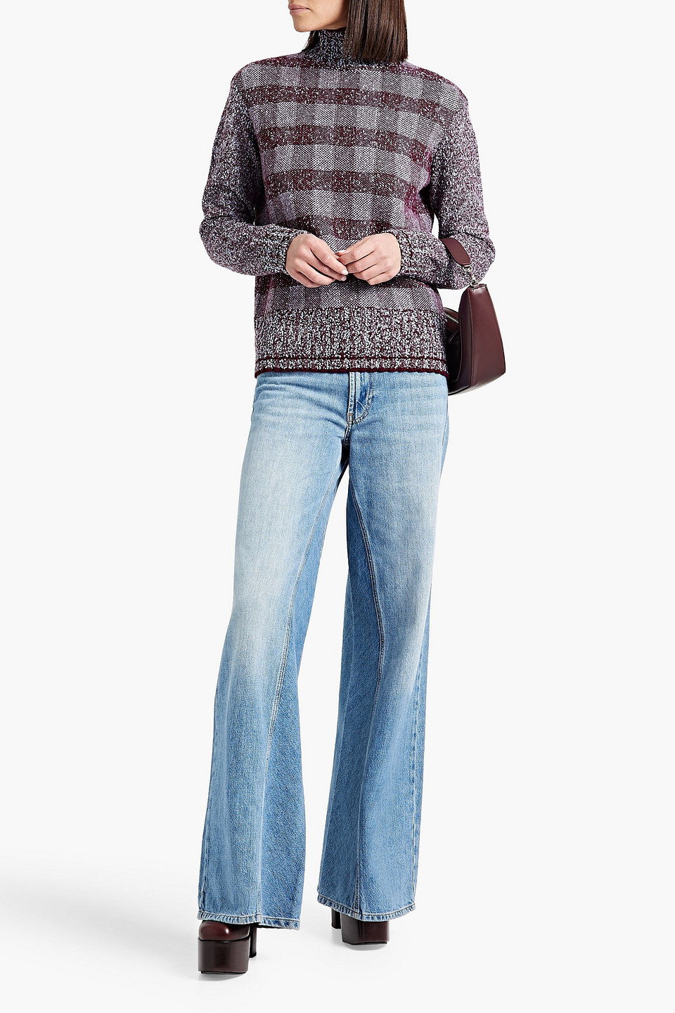 Shop Victoria Beckham Checked Bouclé-knit Wool-blend Turtleneck Sweater In Claret