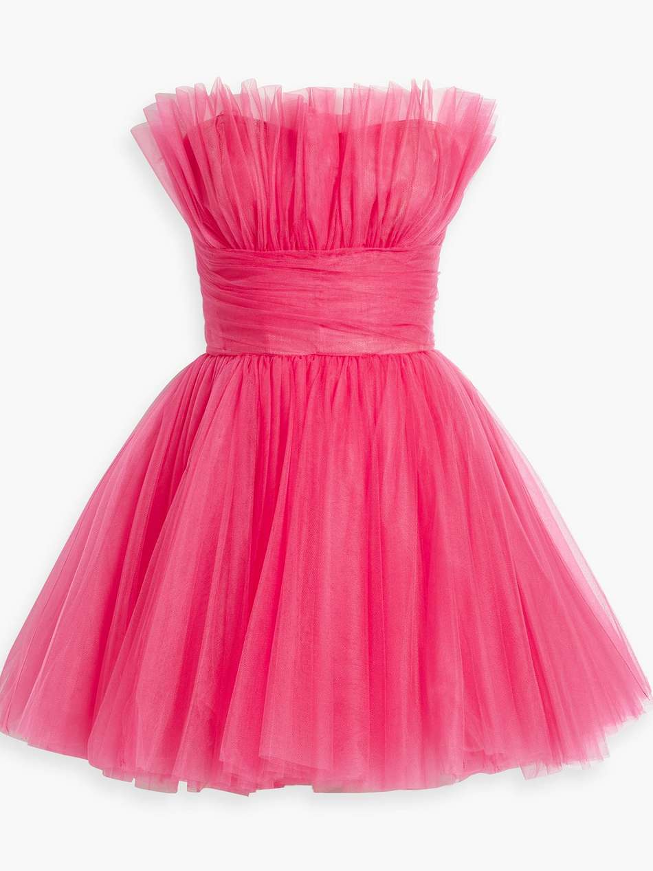 strapless gathered tulle mini dress