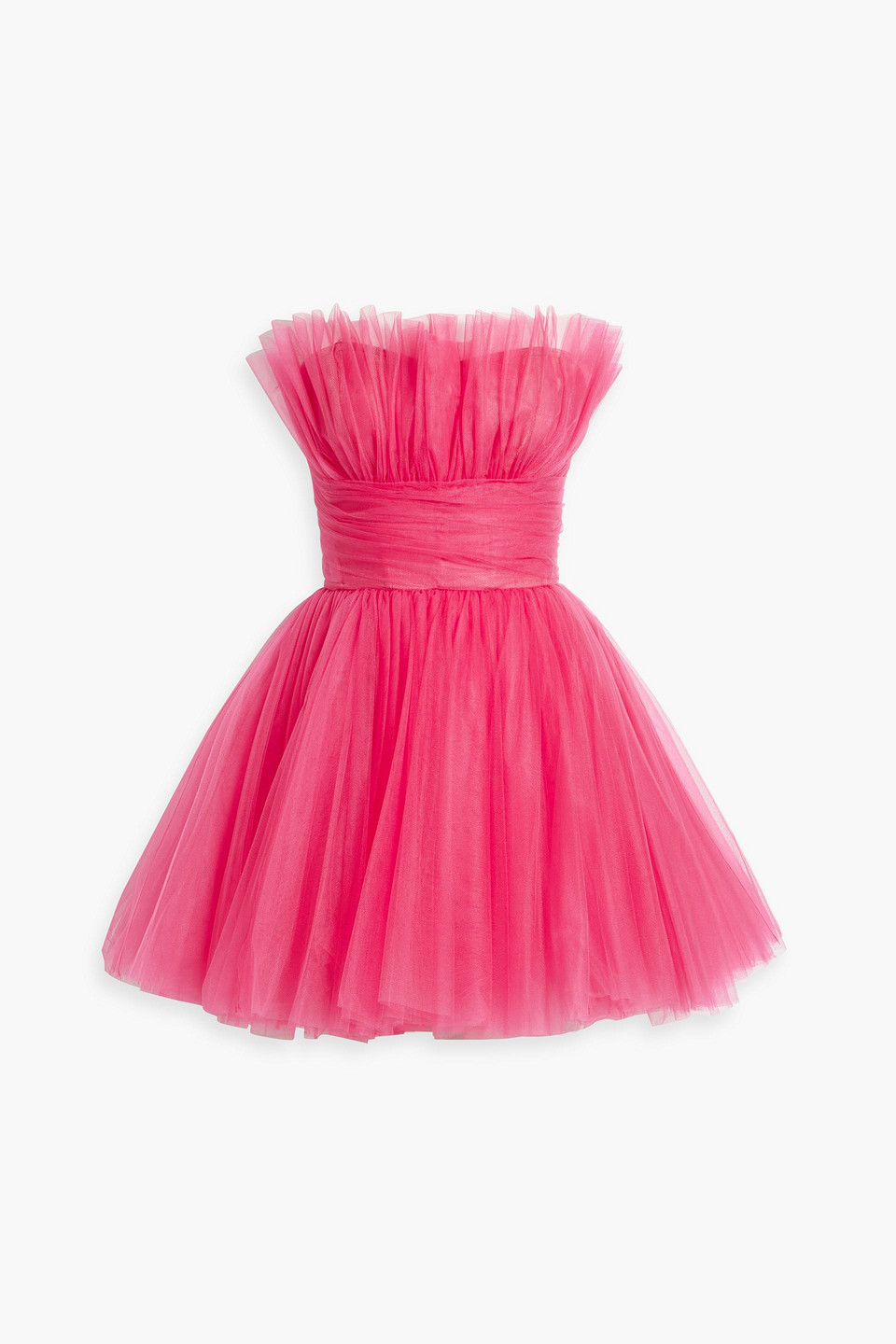 Strapless gathered tulle mini dress