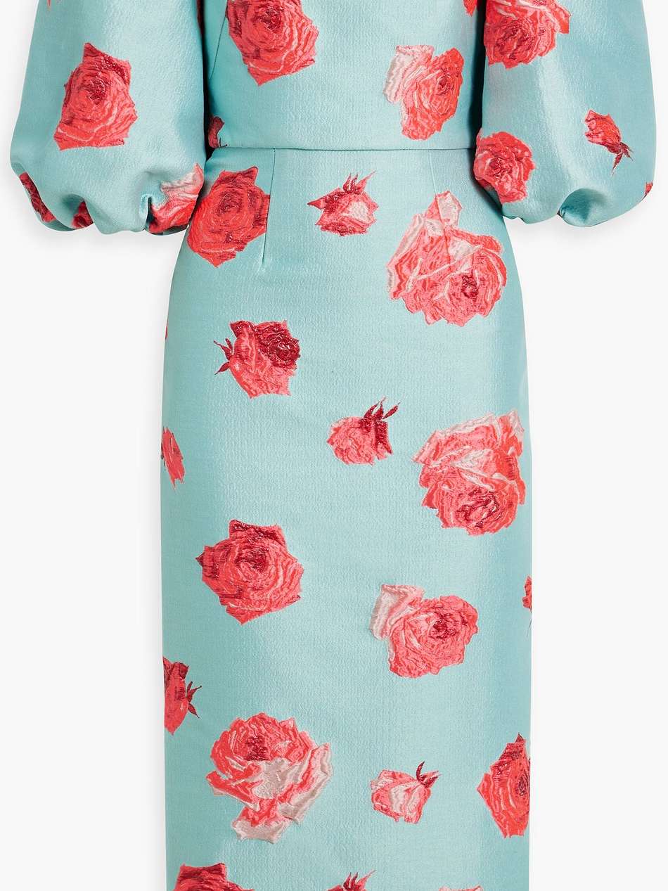 strapless metallic brocade midi dress
