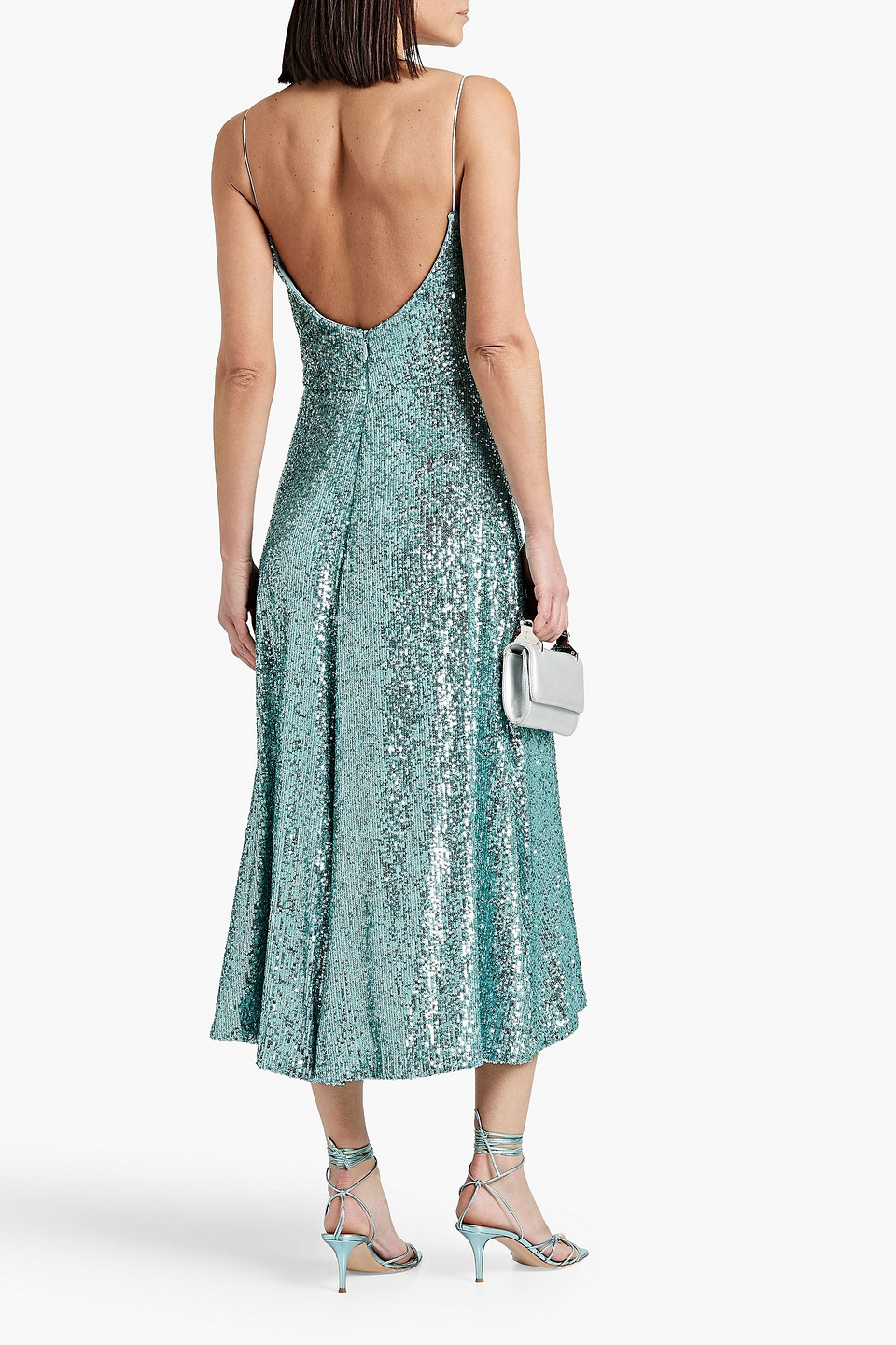 Shop Monique Lhuillier Sequined Stretch-tulle Midi Dress In Turquoise