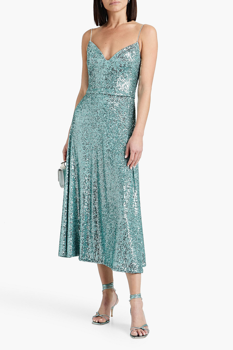 Shop Monique Lhuillier Sequined Stretch-tulle Midi Dress In Turquoise