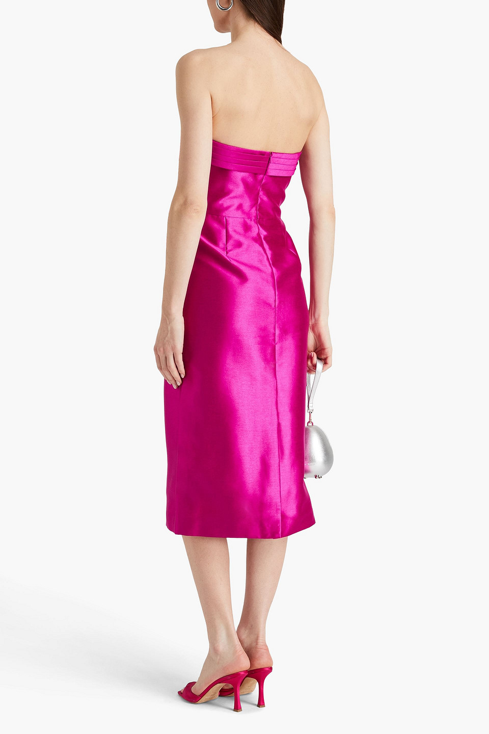 Shop Zac Posen Strapless Bow-detailed Duchesse-satin Midi Dress In Magenta