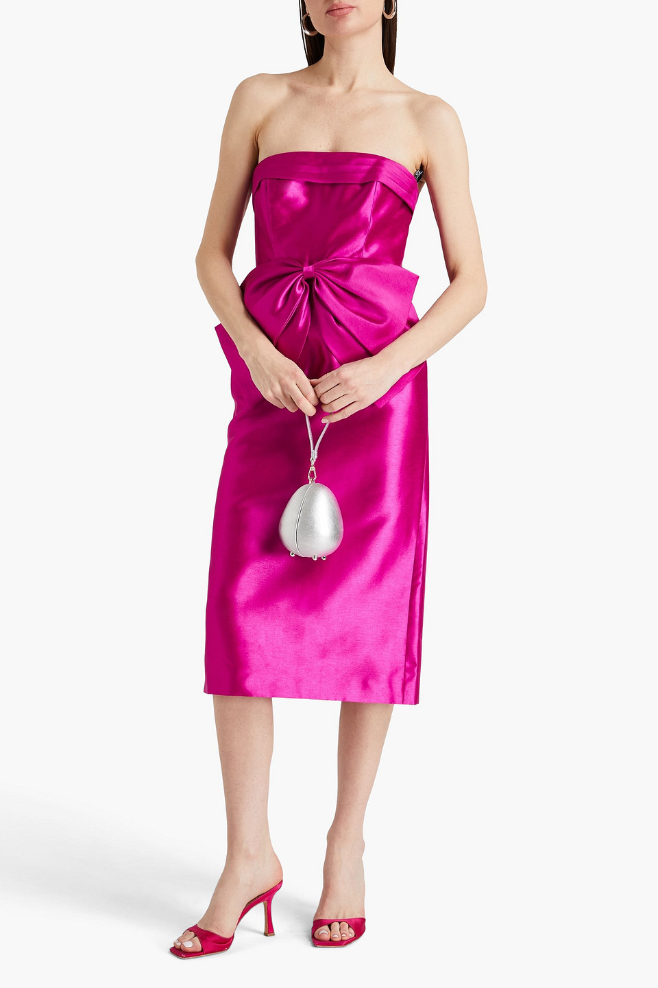 Shop Zac Posen Strapless Bow-detailed Duchesse-satin Midi Dress In Magenta