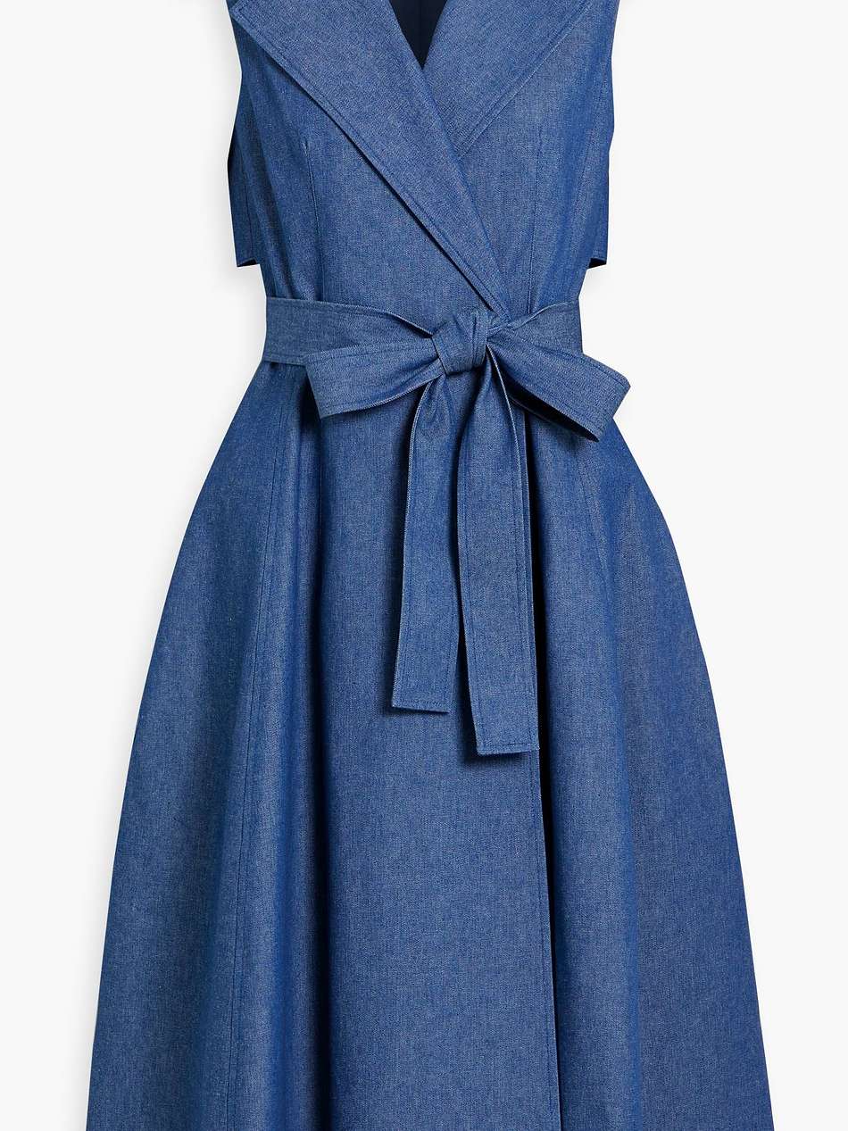 belted wrap-effect denim midi dress