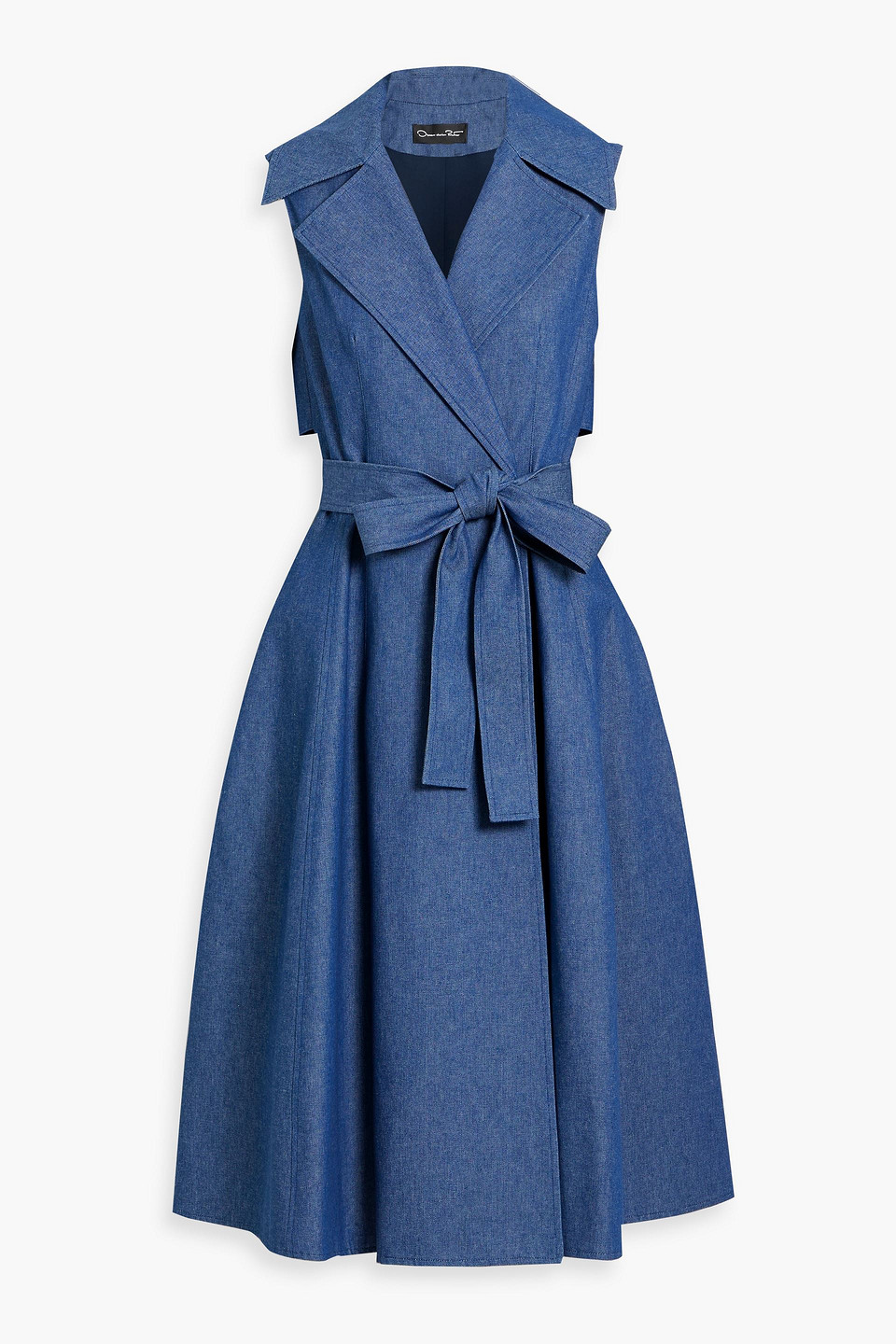 Oscar De La Renta Belted Wrap-effect Denim Midi Dress In Mid Denim