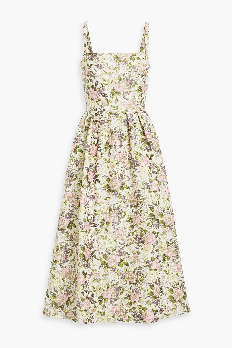 Monique Lhuillier Pleated Brocade Midi Dress In Baby Pink