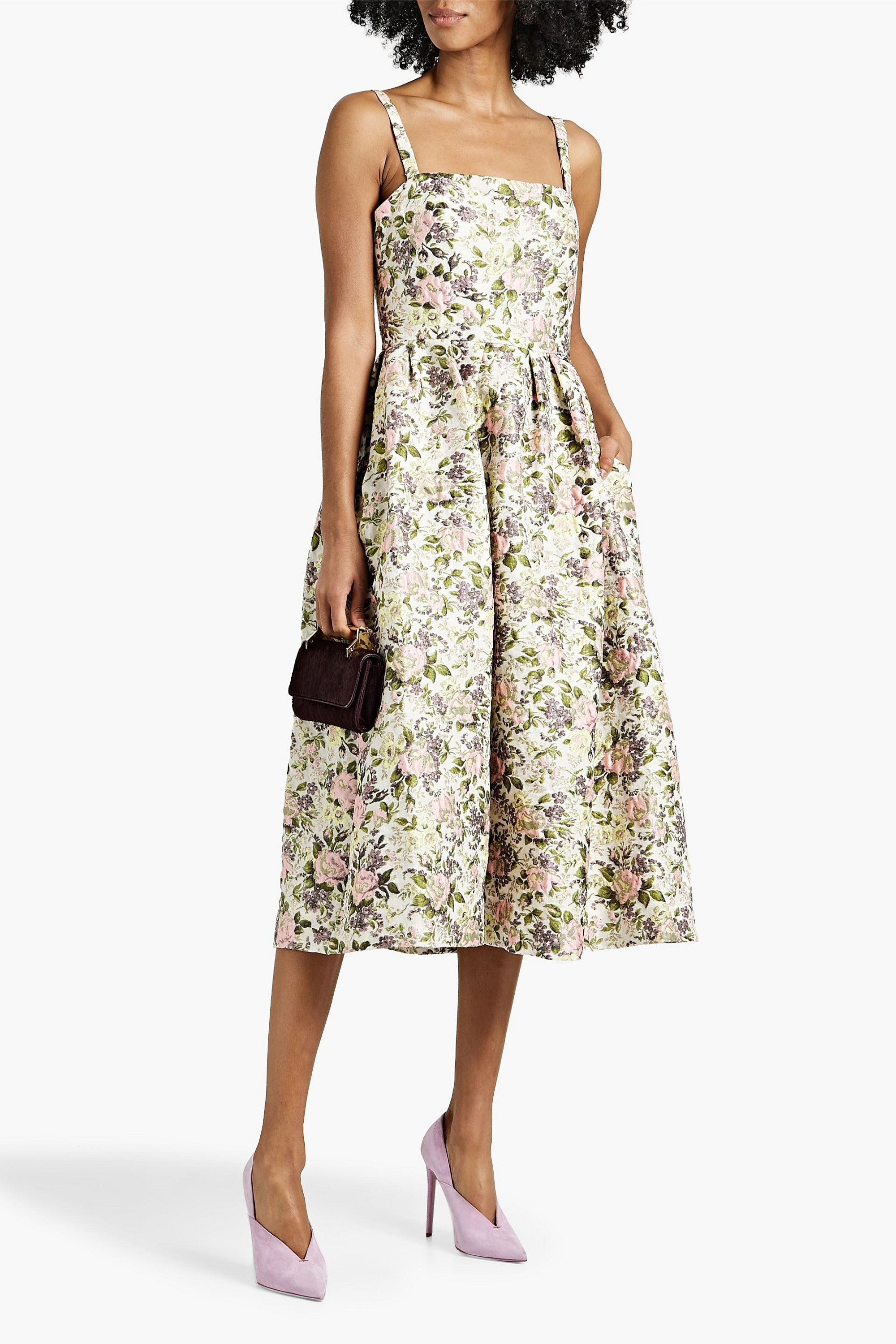 Monique Lhuillier Pleated brocade midi dress