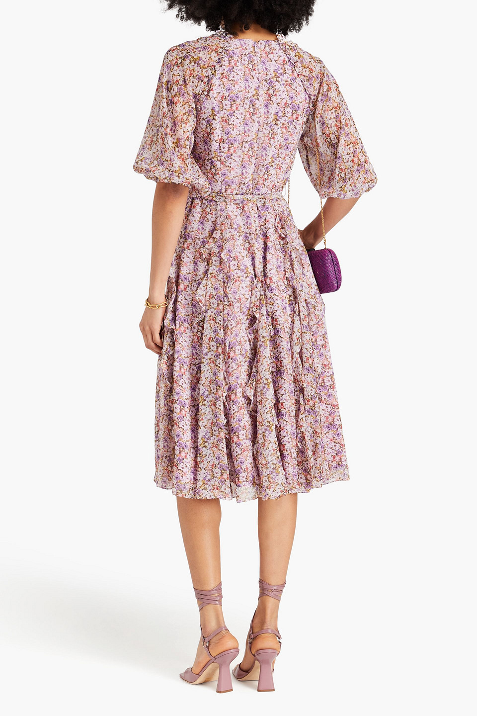 Shop Mikael Aghal Ruffled Floral-print Chiffon Midi Dress In Lilac