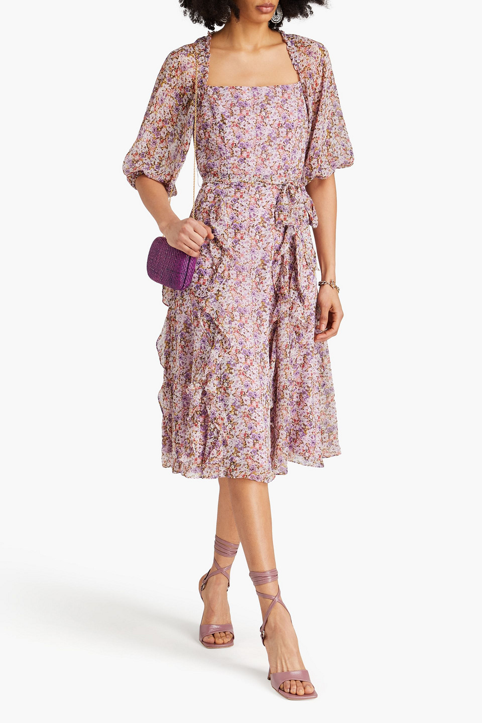 Shop Mikael Aghal Ruffled Floral-print Chiffon Midi Dress In Lilac