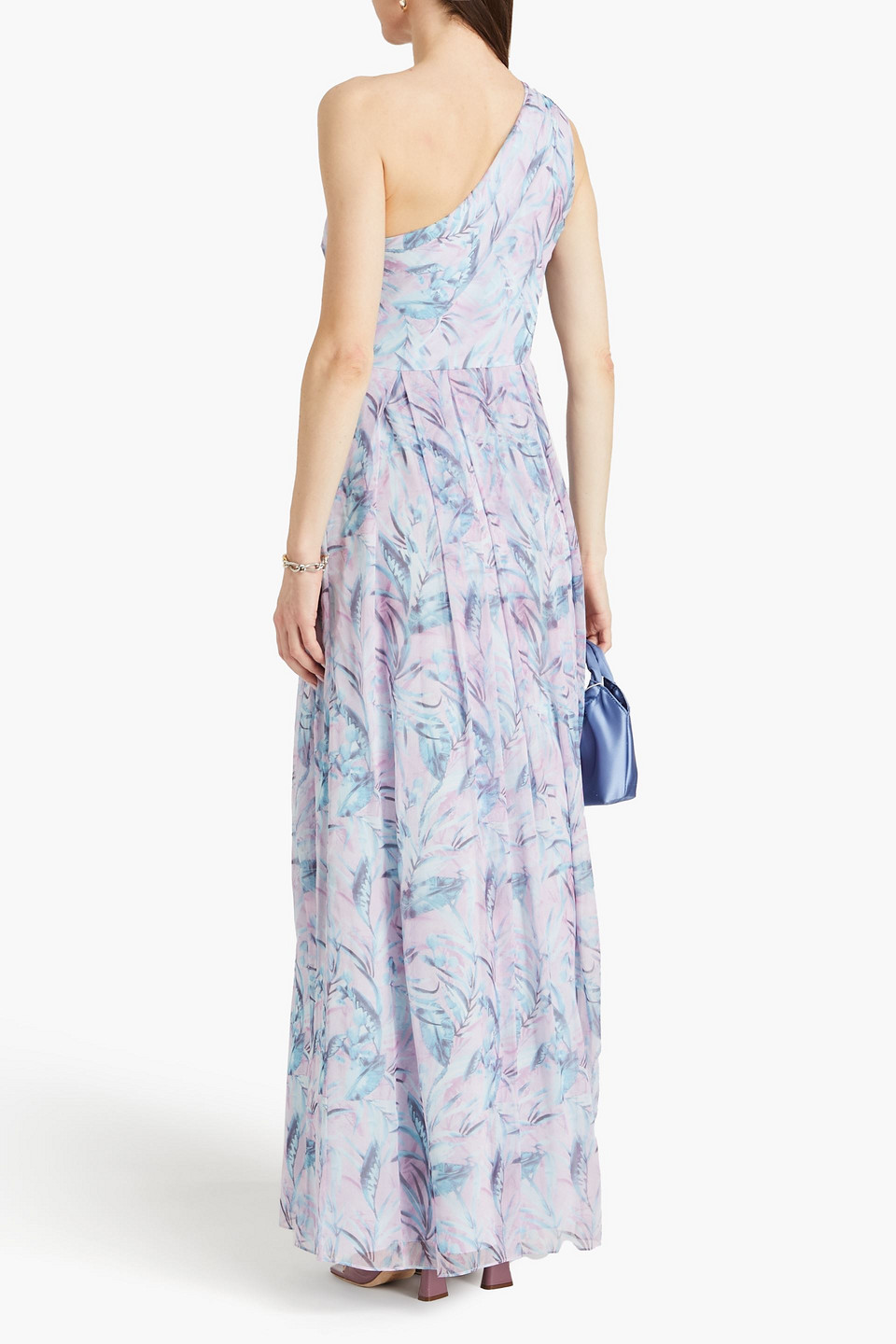 Shop Mikael Aghal One-shoulder Pleated Printed Chiffon Maxi Dress In Lilac