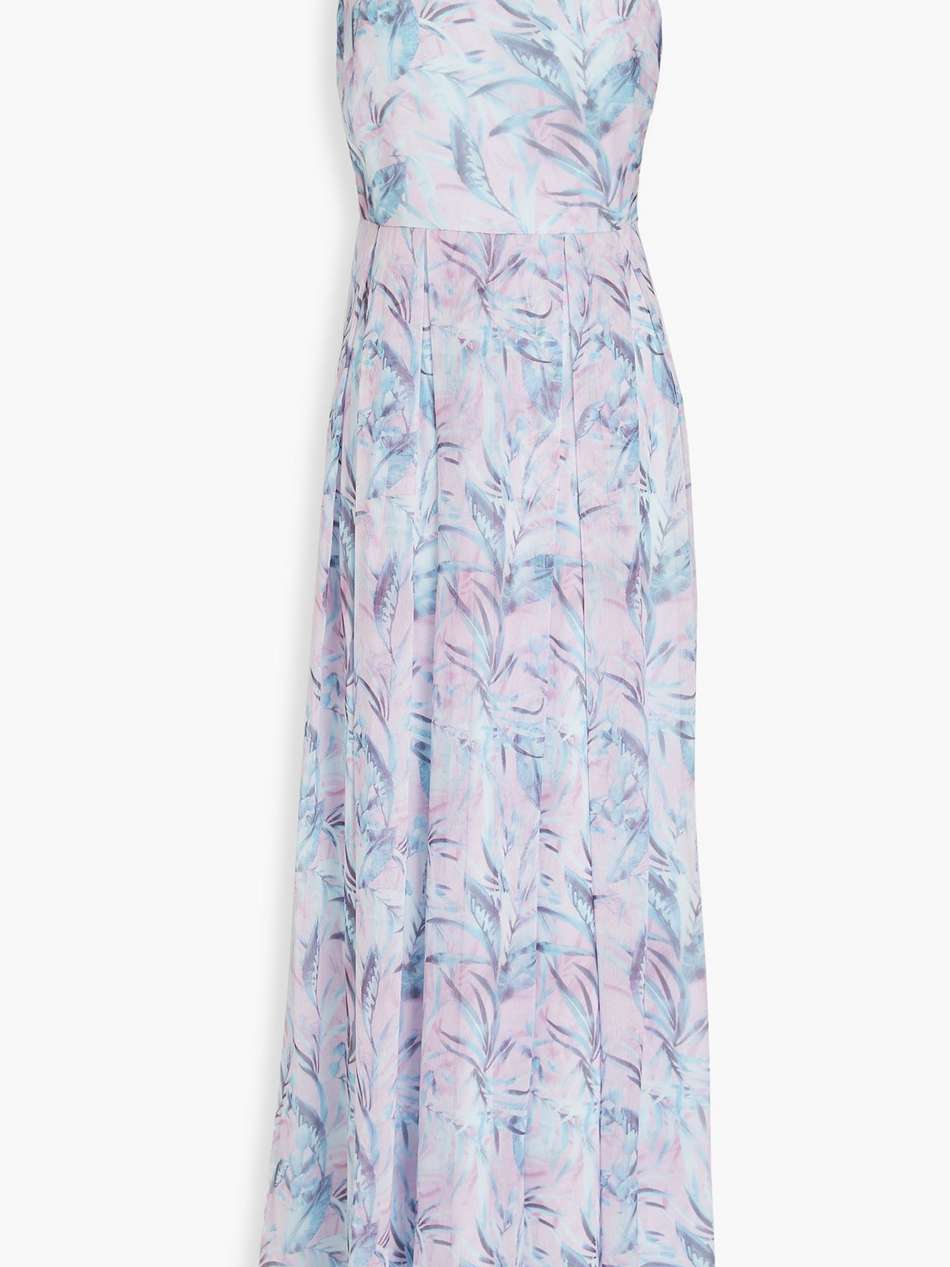 one-shoulder pleated printed chiffon maxi dress