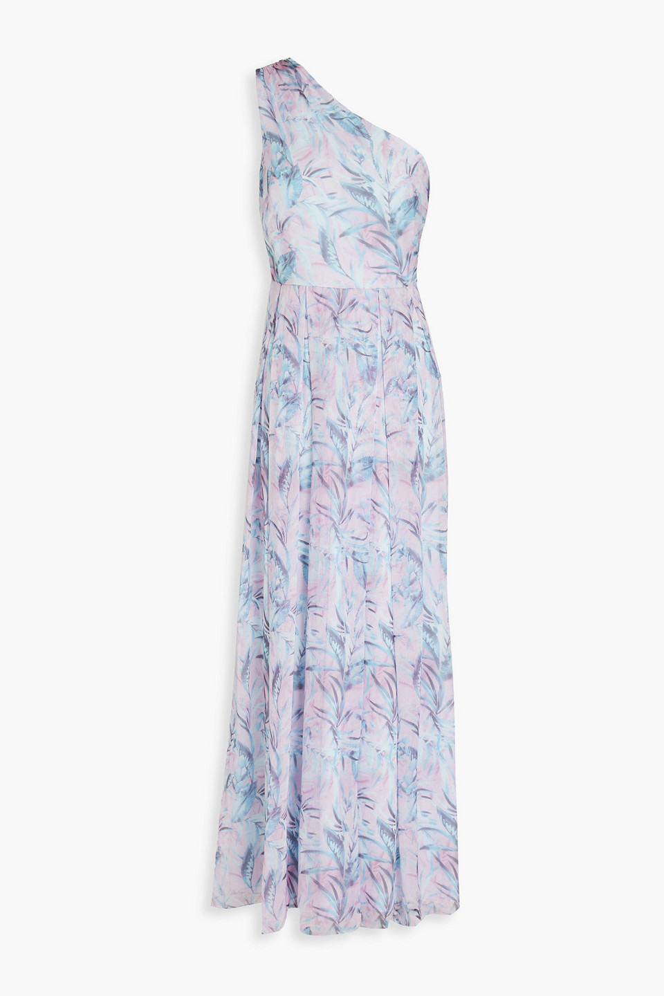 Mikael Aghal One-shoulder Pleated Printed Chiffon Maxi Dress In Lilac