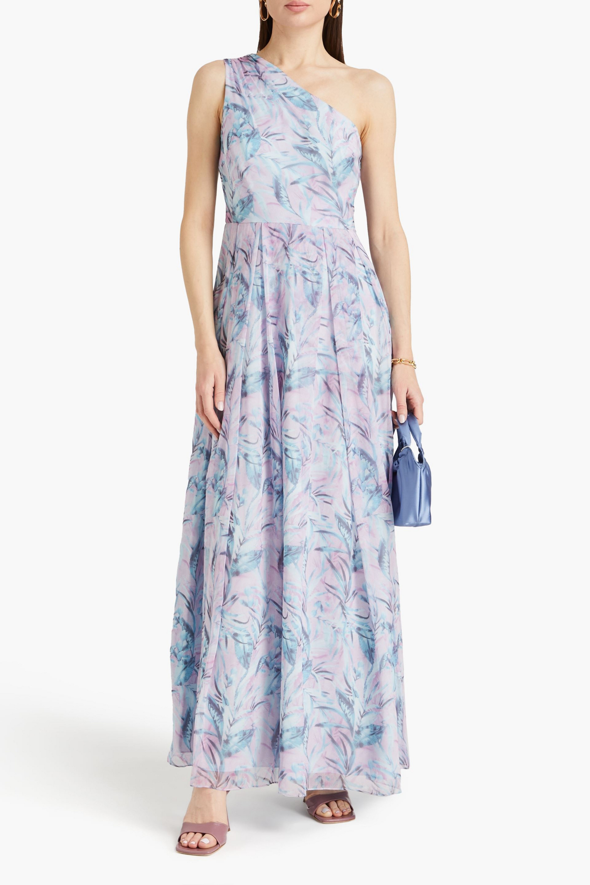 MIKAEL AGHAL One-shoulder pleated printed chiffon maxi dress