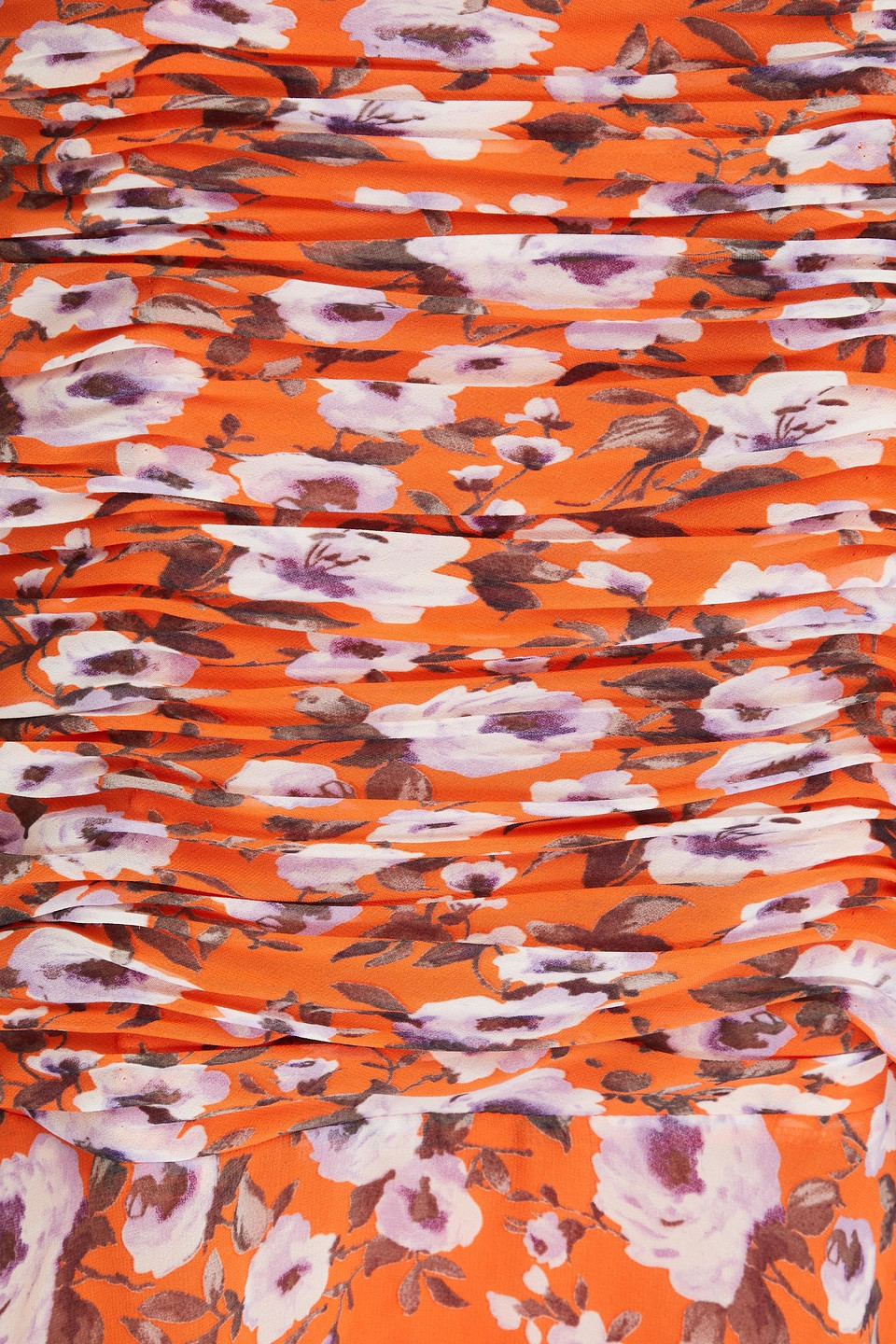 Shop Mikael Aghal Ruched Floral-print Chiffon Maxi Dress In Orange