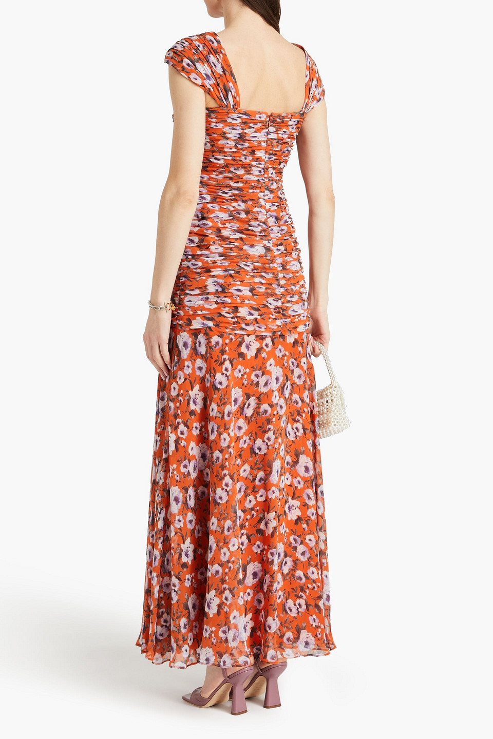 Shop Mikael Aghal Ruched Floral-print Chiffon Maxi Dress In Orange