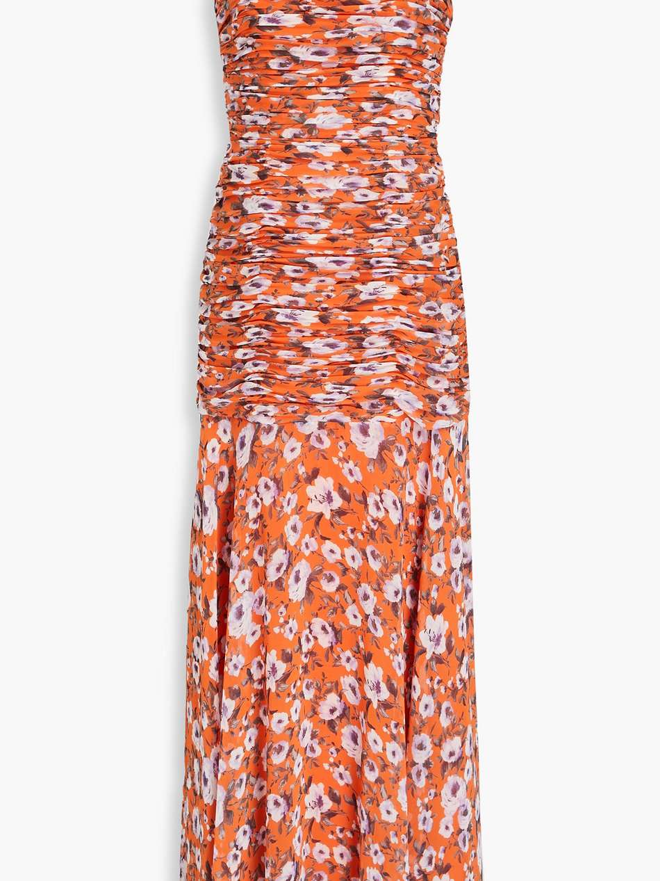 ruched floral-print chiffon maxi dress