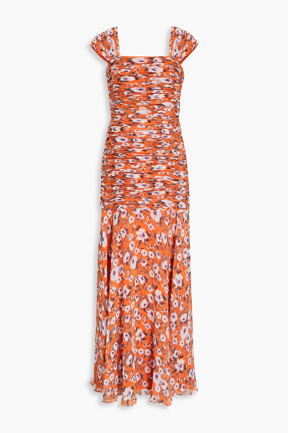 Mikael Aghal Ruched Floral-print Chiffon Maxi Dress In Orange