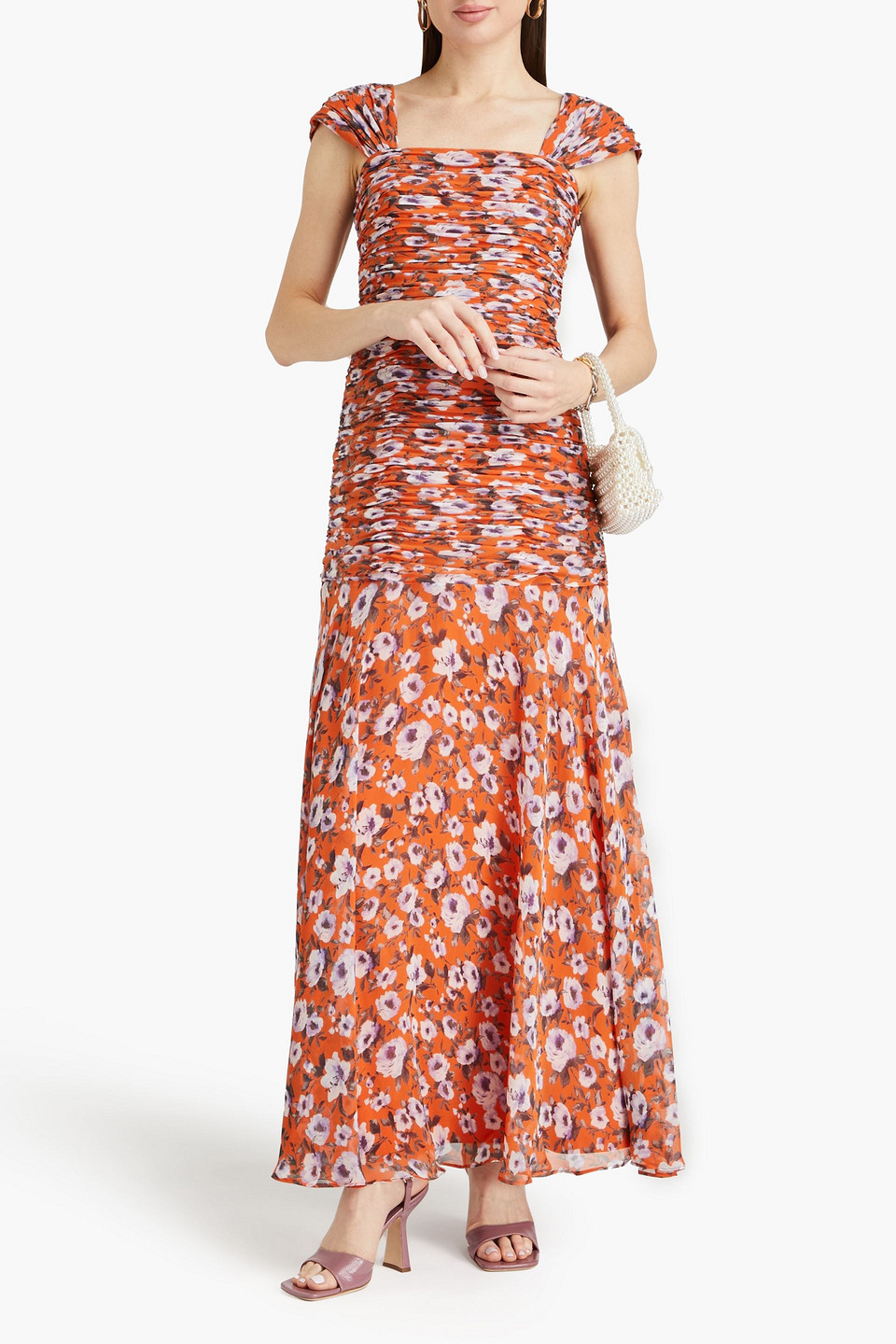 Shop Mikael Aghal Ruched Floral-print Chiffon Maxi Dress In Orange