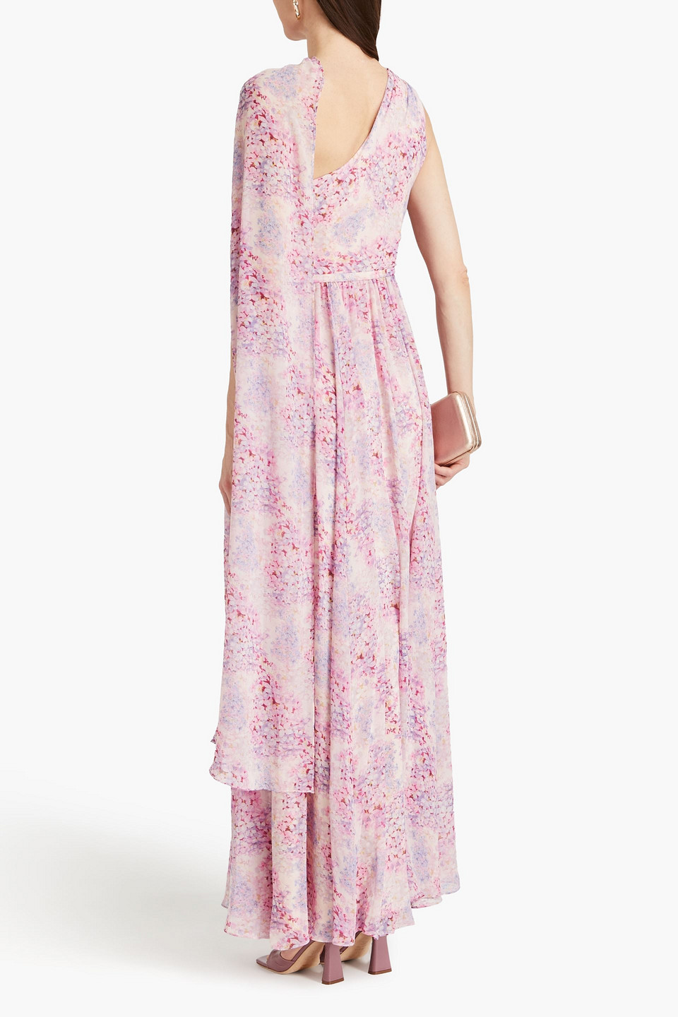 Mikael Aghal One-shoulder Floral-print Chiffon Maxi Dress In Baby Pink