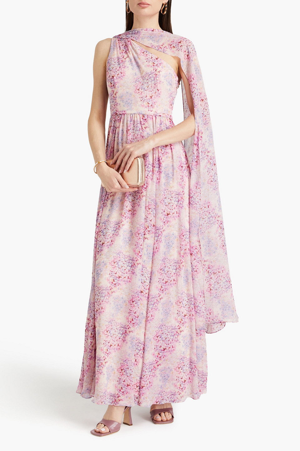 Shop Mikael Aghal One-shoulder Floral-print Chiffon Maxi Dress In Baby Pink