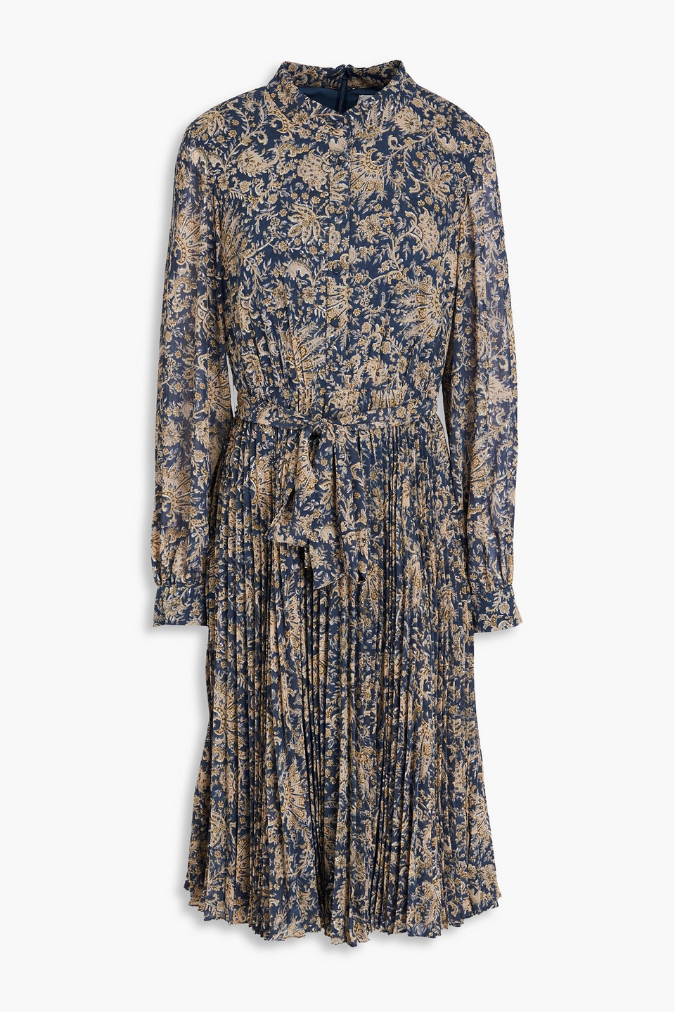 Mikael Aghal Pleated Paisley-print Georgette Dress In Navy