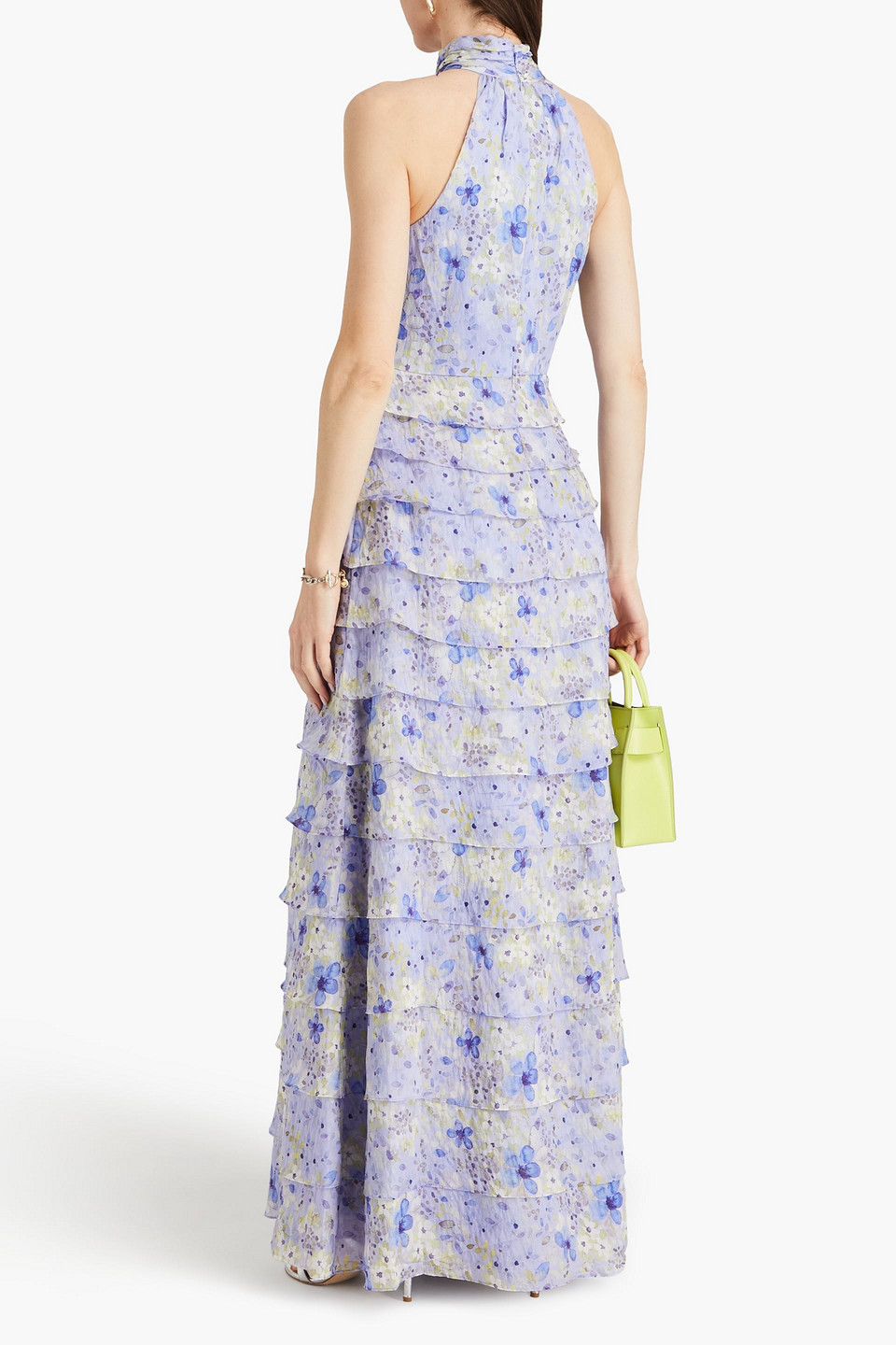 Shop Mikael Aghal Tiered Floral-print Chiffon Maxi Dress In Lavender