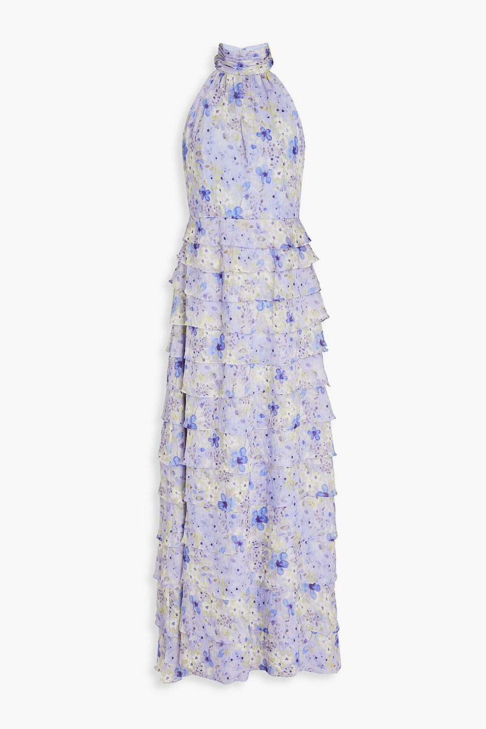 Mikael Aghal Tiered Floral-print Chiffon Maxi Dress In Lavender