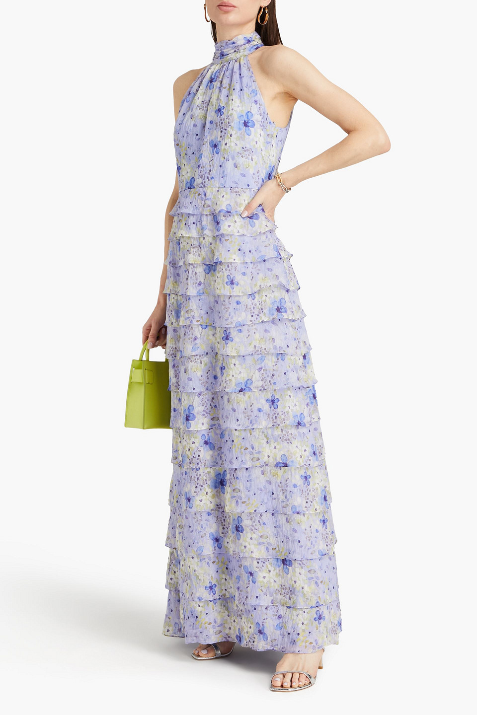 Shop Mikael Aghal Tiered Floral-print Chiffon Maxi Dress In Lavender