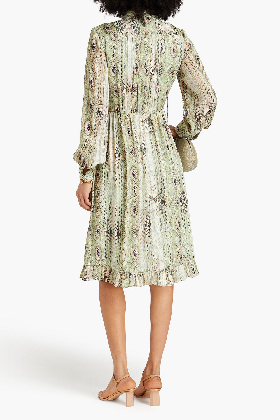 Shop Mikael Aghal Pussy-bow Metallic Snake-print Jacquard Dress In Sage Green