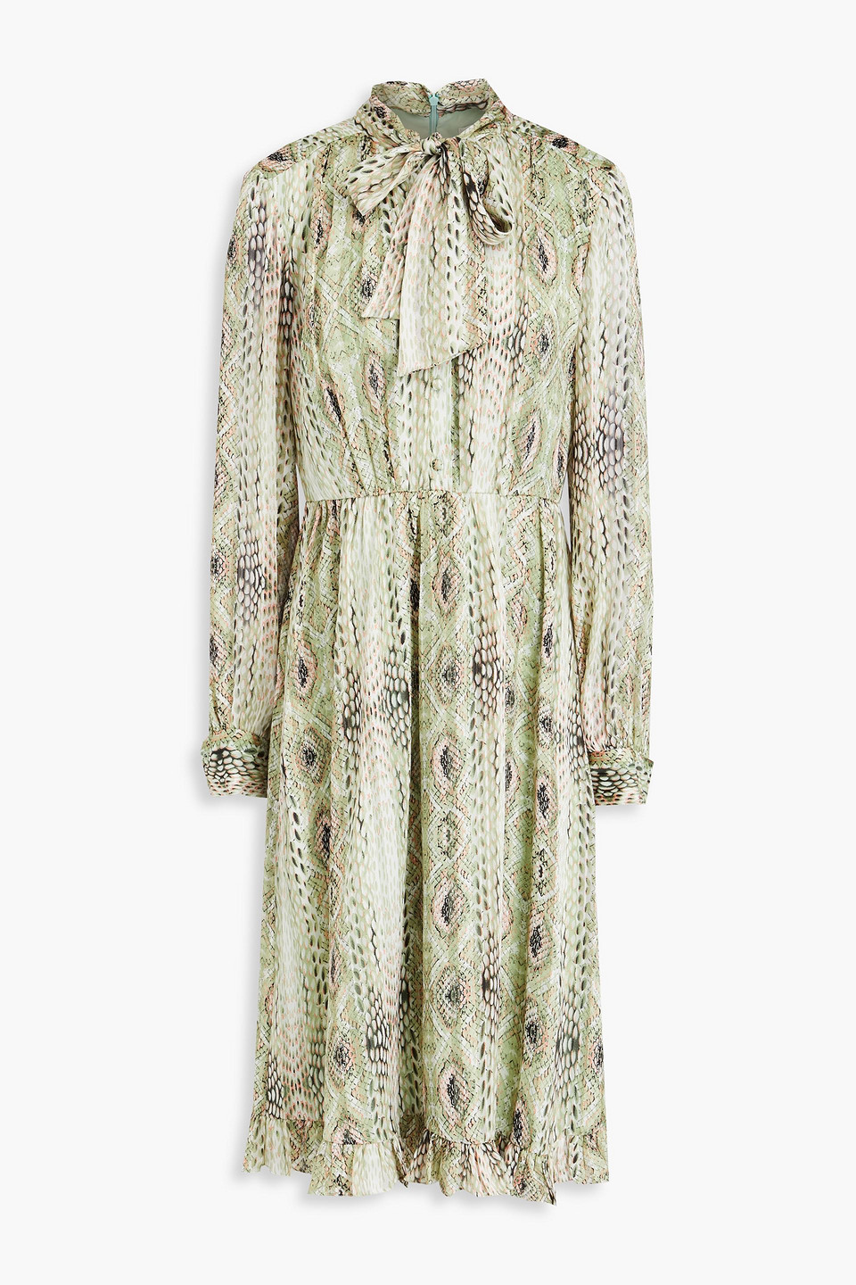 Mikael Aghal Pussy-bow Metallic Snake-print Jacquard Dress In Sage Green