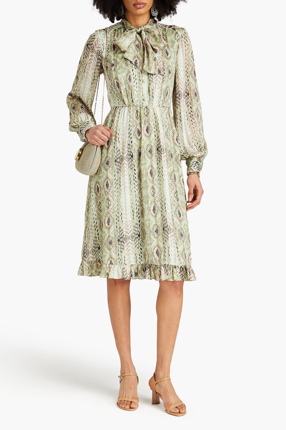 Shop Mikael Aghal Pussy-bow Metallic Snake-print Jacquard Dress In Sage Green