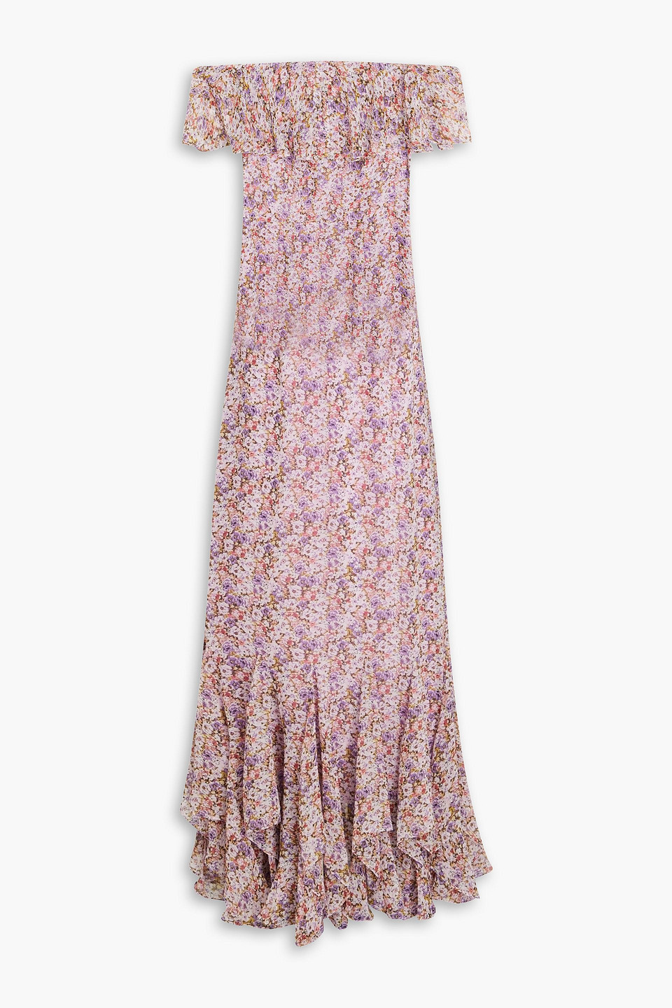 Mikael Aghal Off-the-shoulder Floral-print Chiffon Maxi Dress In Lilac