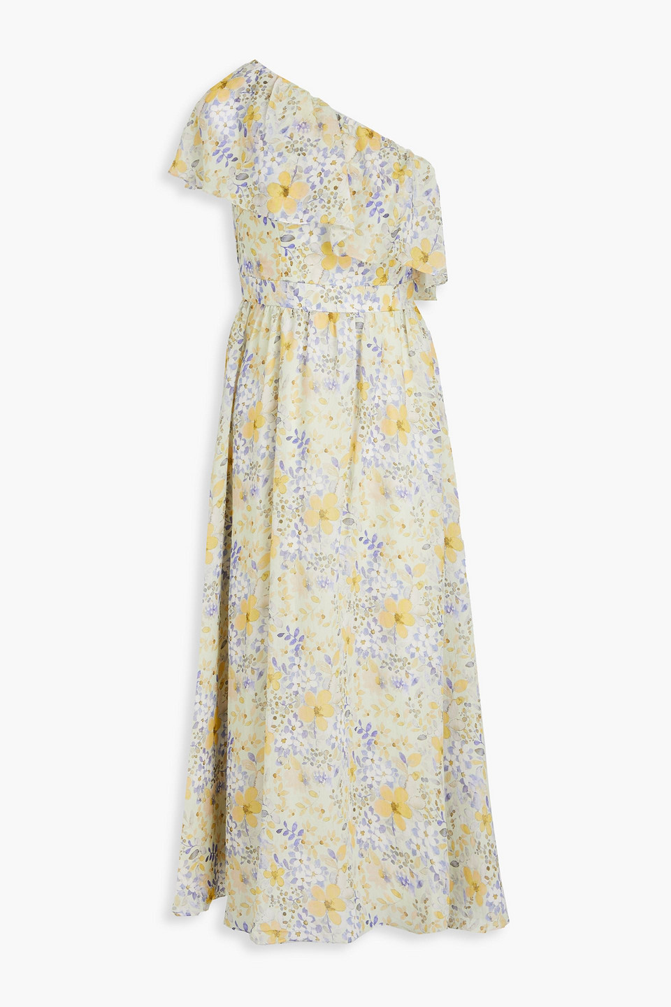 Mikael Aghal One-shoulder Floral-print Chiffon Midi Dress In Chartreuse