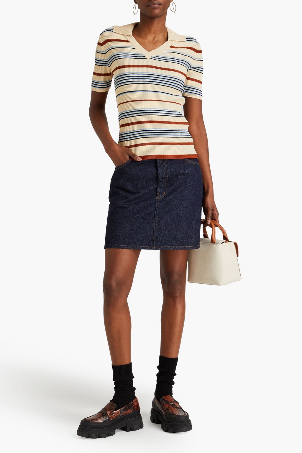 CLAUDIE PIERLOT リブ編みニット ポロシャツ ストライプ