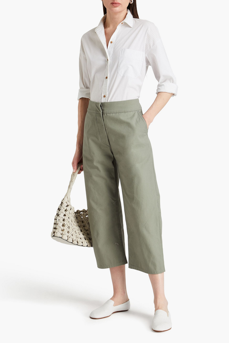 Shop Jil Sander Cropped Cotton-canvas Straight-leg Pants In Grey Green