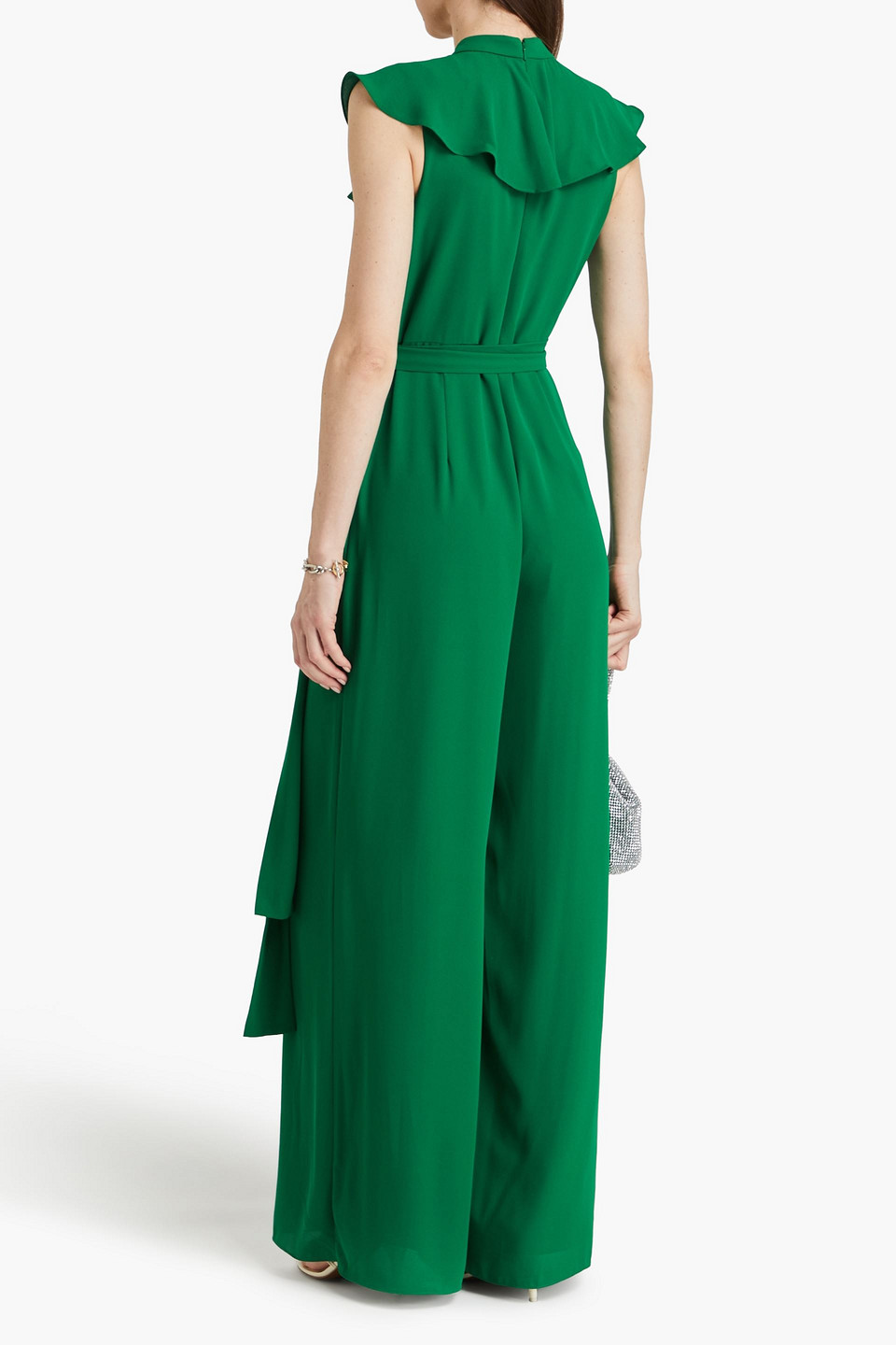 Shop Mikael Aghal Ruffled Pleated Crepe Wide-leg Jumpsuit In Green