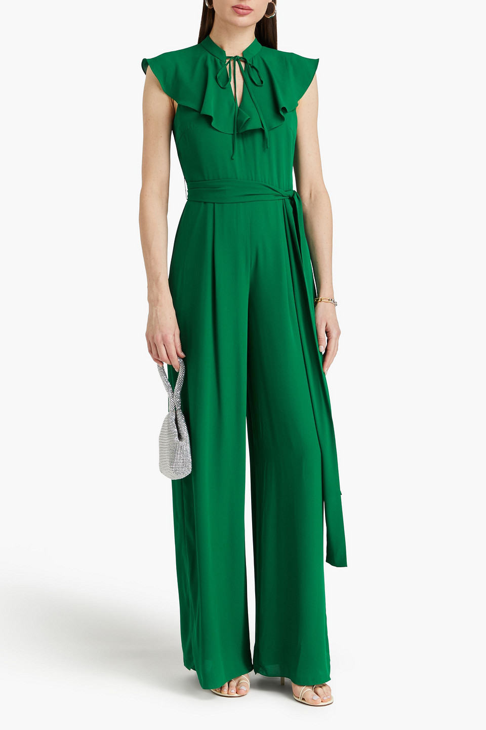 Shop Mikael Aghal Ruffled Pleated Crepe Wide-leg Jumpsuit In Green