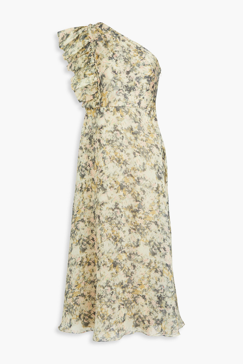 Mikael Aghal One-shoulder Floral-print Crepe De Chine Midi Dress In Sage Green