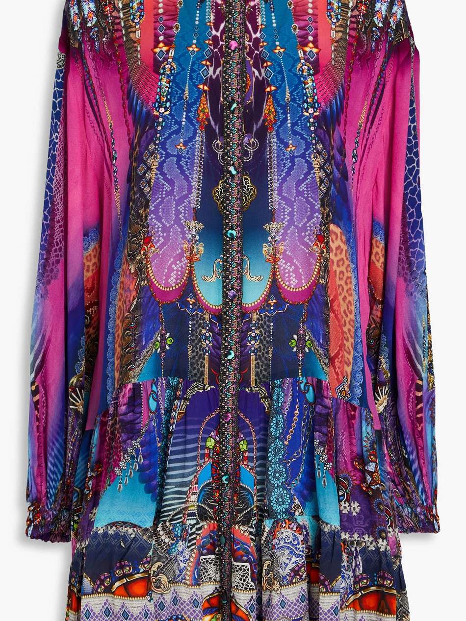 crystal-embellished printed silk crepe de chine mini shirt dress