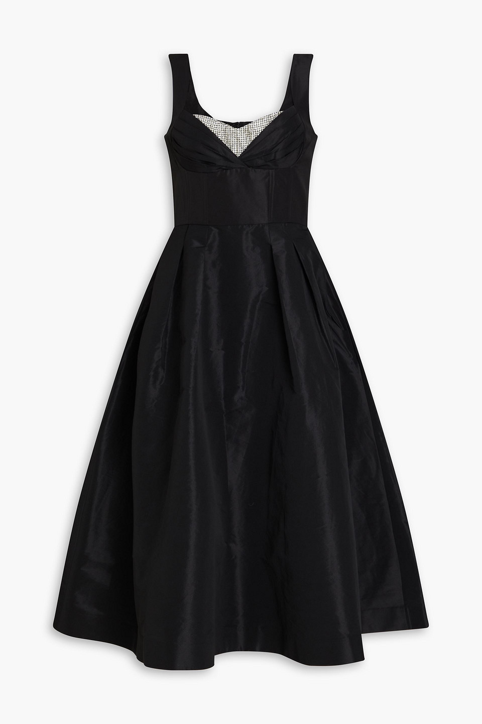 Shop Rebecca Vallance Homecoming Crystal-embellished Pleated Taffeta Midi Dress In Black