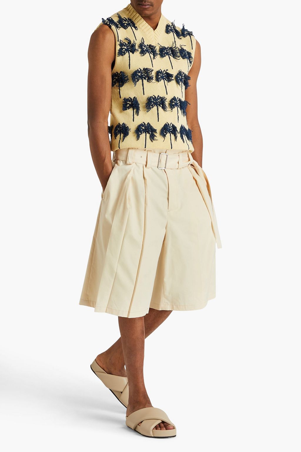 JIL SANDER Belted pleated cotton-blend twill shorts
