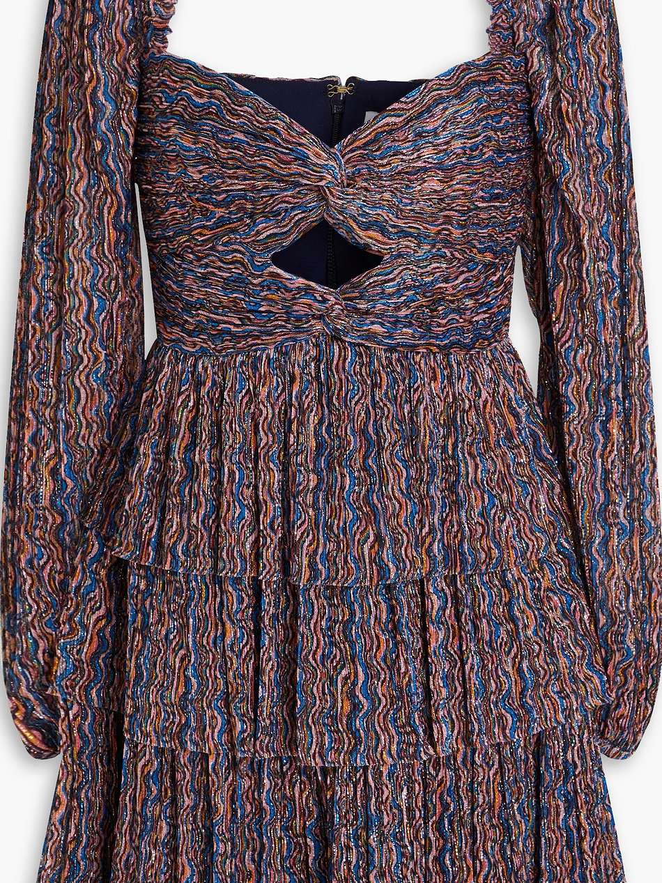 blossom tiered printed plissé-crepon mini dress