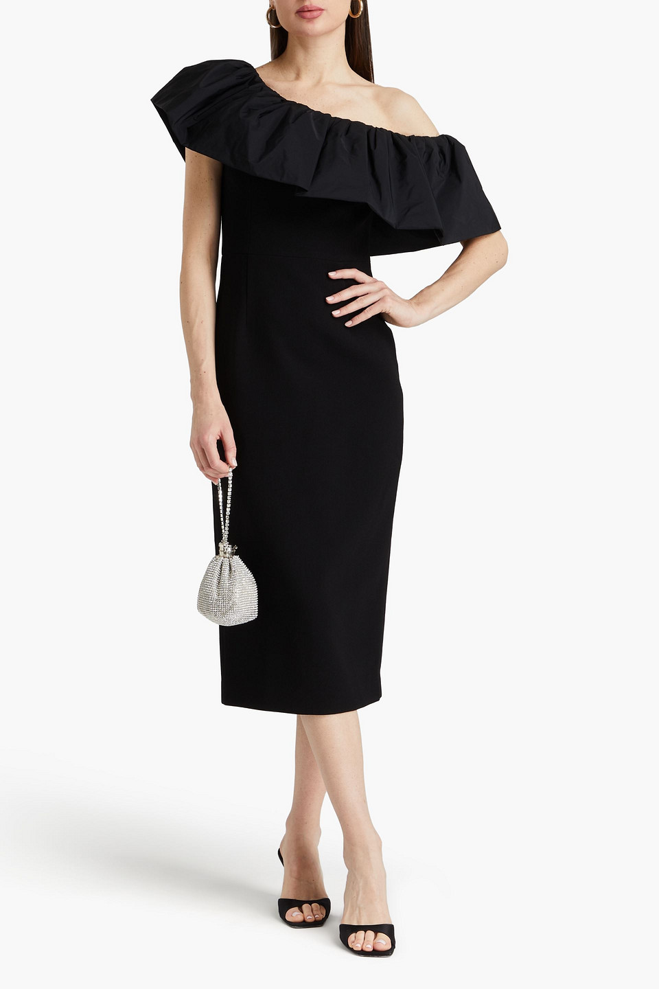 Shop Rebecca Vallance After Hours One-shoulder Taffeta-paneled Crepe Midi Dress In Black