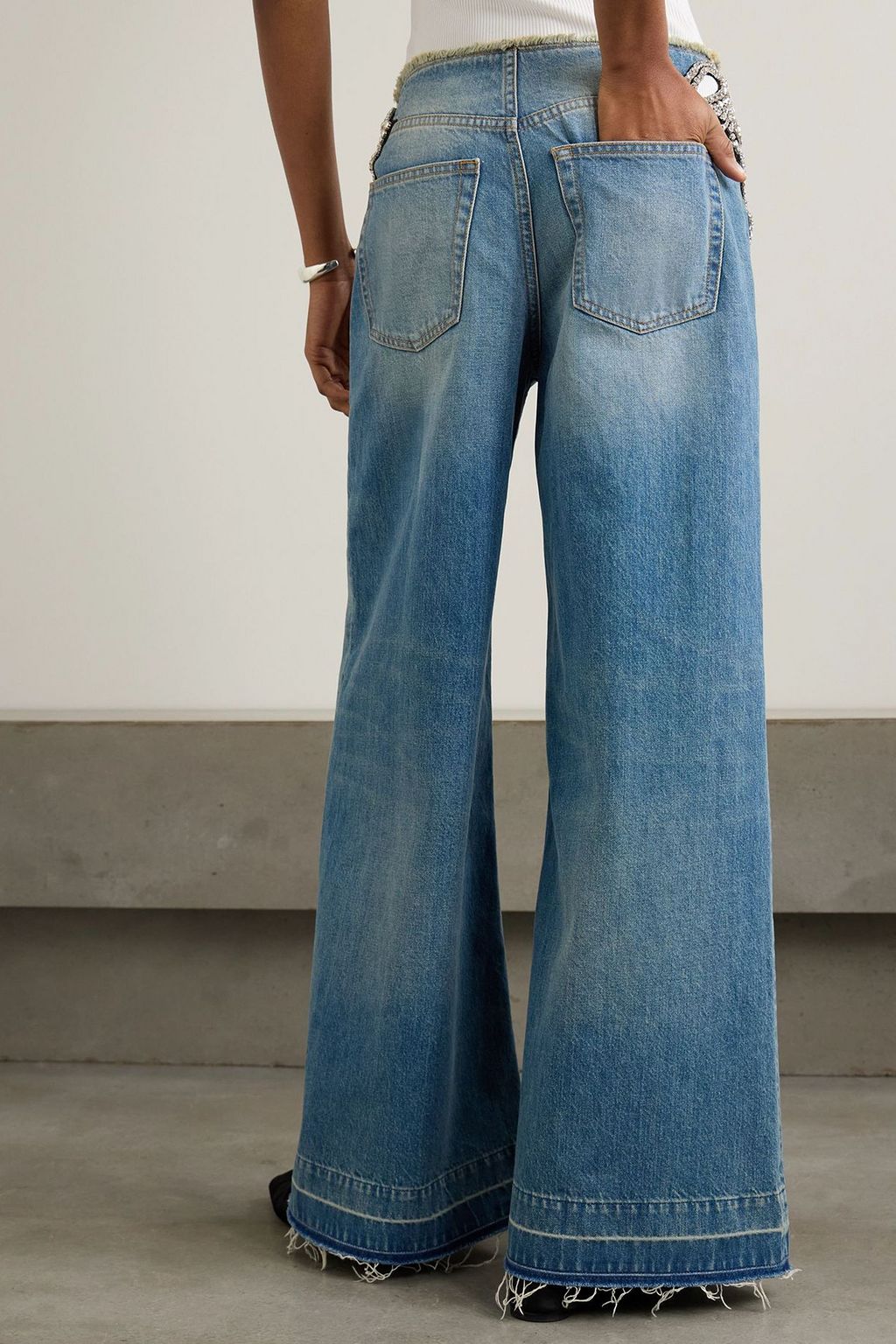 STELLA MCCARTNEY Cutout crystal-embellished frayed mid-rise wide-leg jeans